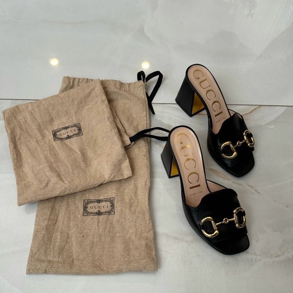Gucci Black Leather Gold Horsebit Block Heel Mules - Picture 4 of 7